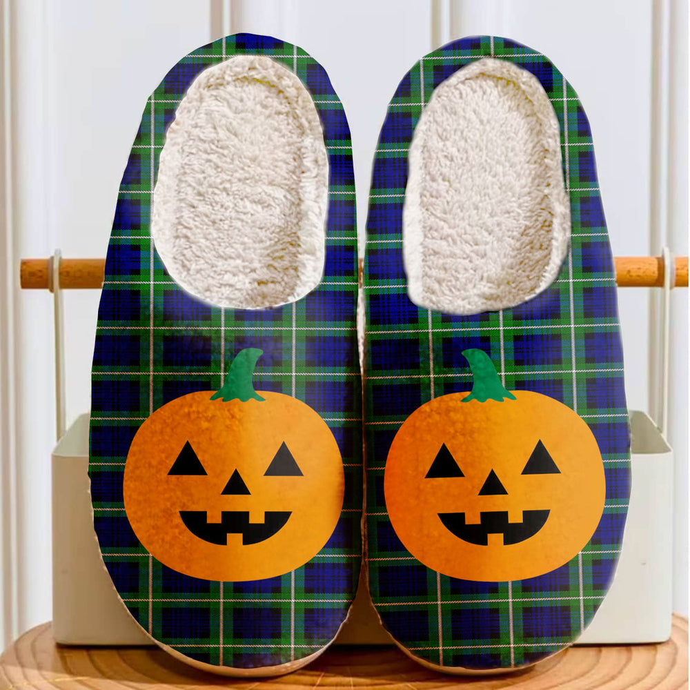 Clan Lamont Modern Tartan Halloween Pumpkin Slippers, Fluffy Spooky Slippers EB12 Lamont Modern Tartan Tartan Halloween