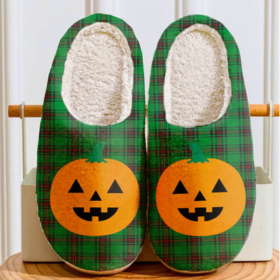 Clan Logie Tartan Halloween Pumpkin Slippers, Fluffy Spooky Slippers