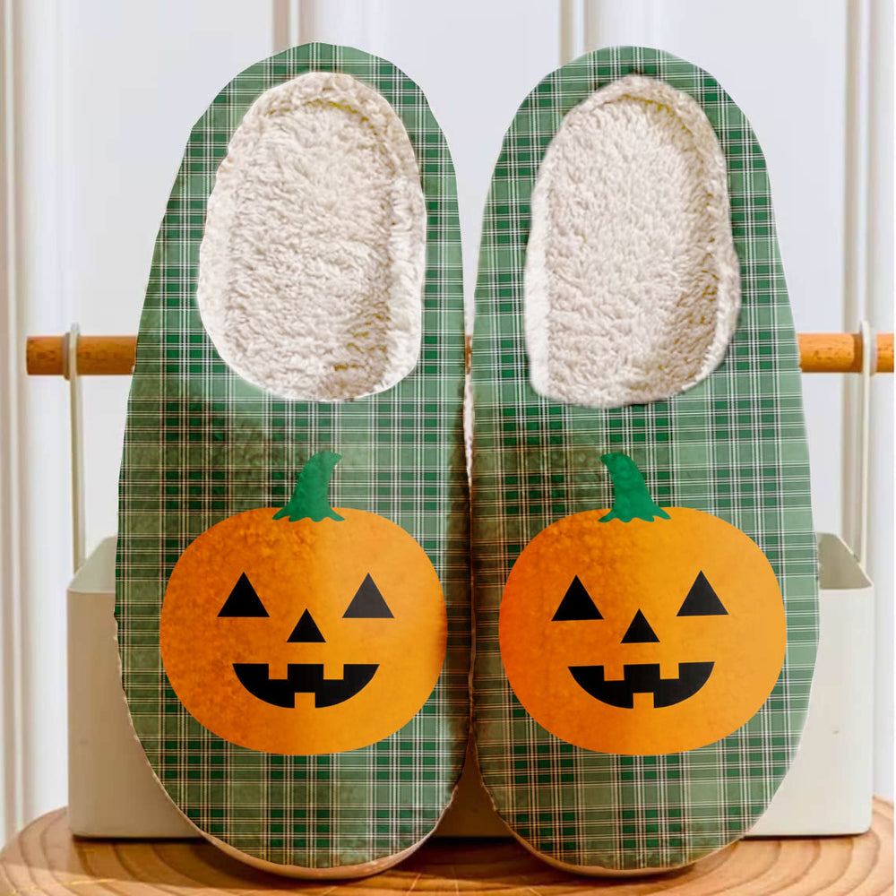 Clan MacDonald Lord of the Isles Hunting Tartan Halloween Pumpkin Slippers, Fluffy Spooky Slippers HH50 MacDonald Lord of the Isles Hunting Tartan Tartan Halloween
