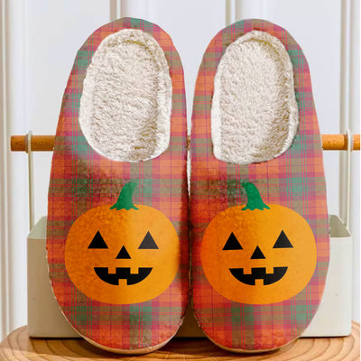 Clan MacNab Ancient Tartan Halloween Pumpkin Slippers, Fluffy Spooky Slippers