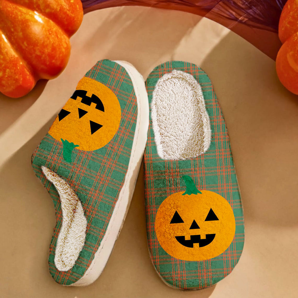 Clan Menzies Green Ancient Tartan Halloween Pumpkin Slippers, Fluffy Spooky Slippers MF53 Menzies Green Ancient Tartan Tartan Halloween