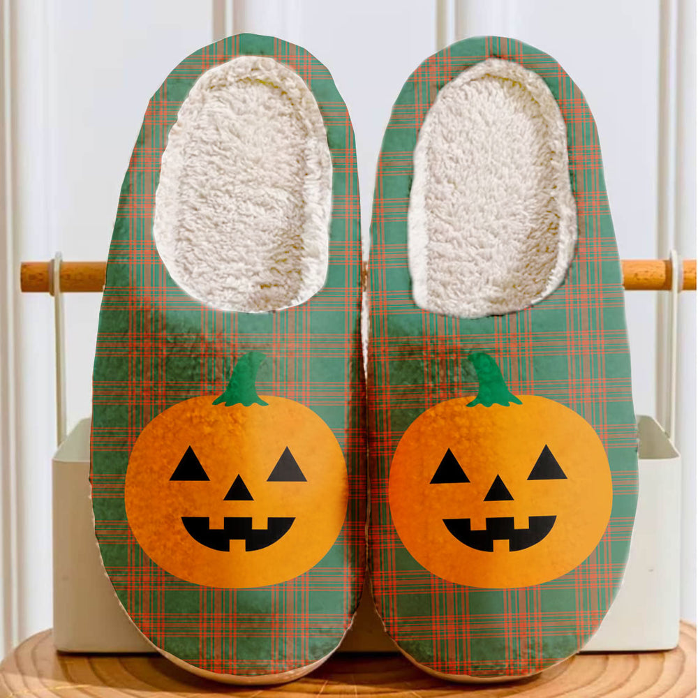 Clan Menzies Green Ancient Tartan Halloween Pumpkin Slippers, Fluffy Spooky Slippers MF53 Menzies Green Ancient Tartan Tartan Halloween