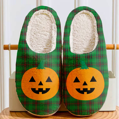 Clan Kinloch Tartan Halloween Pumpkin Slippers, Fluffy Spooky Slippers