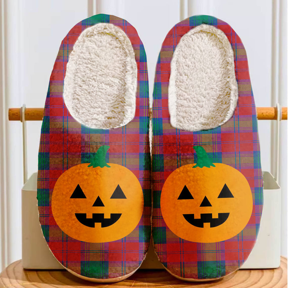 Clan Lindsay Modern Tartan Halloween Pumpkin Slippers, Fluffy Spooky Slippers SE18 Lindsay Modern Tartan Tartan Halloween