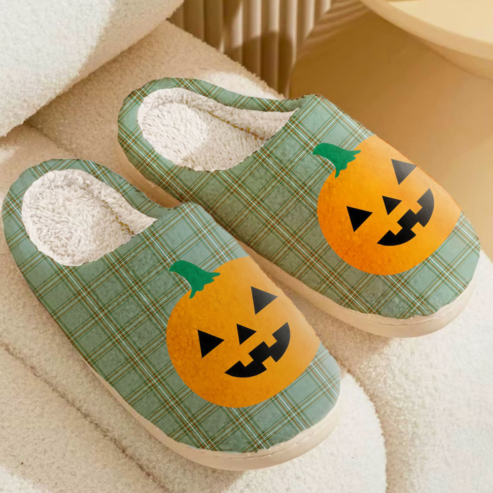 Clan Kelly Dress Tartan Halloween Pumpkin Slippers, Fluffy Spooky Slippers WF86 Kelly Dress Tartan Tartan Halloween