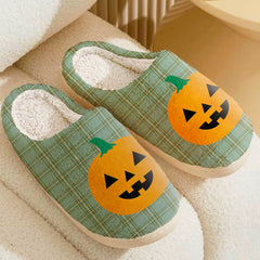Clan Kelly Dress Tartan Halloween Pumpkin Slippers, Fluffy Spooky Slippers WF86 Kelly Dress Tartan Tartan Halloween