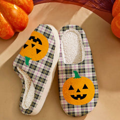 Clan MacPherson Dress Ancient Tartan Halloween Pumpkin Slippers, Fluffy Spooky Slippers QC79 MacPherson Dress Ancient Tartan Tartan Halloween
