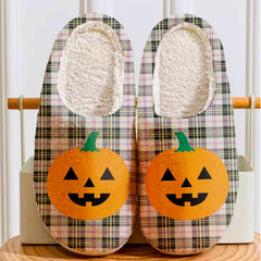 Clan MacPherson Dress Ancient Tartan Halloween Pumpkin Slippers, Fluffy Spooky Slippers QC79 MacPherson Dress Ancient Tartan Tartan Halloween