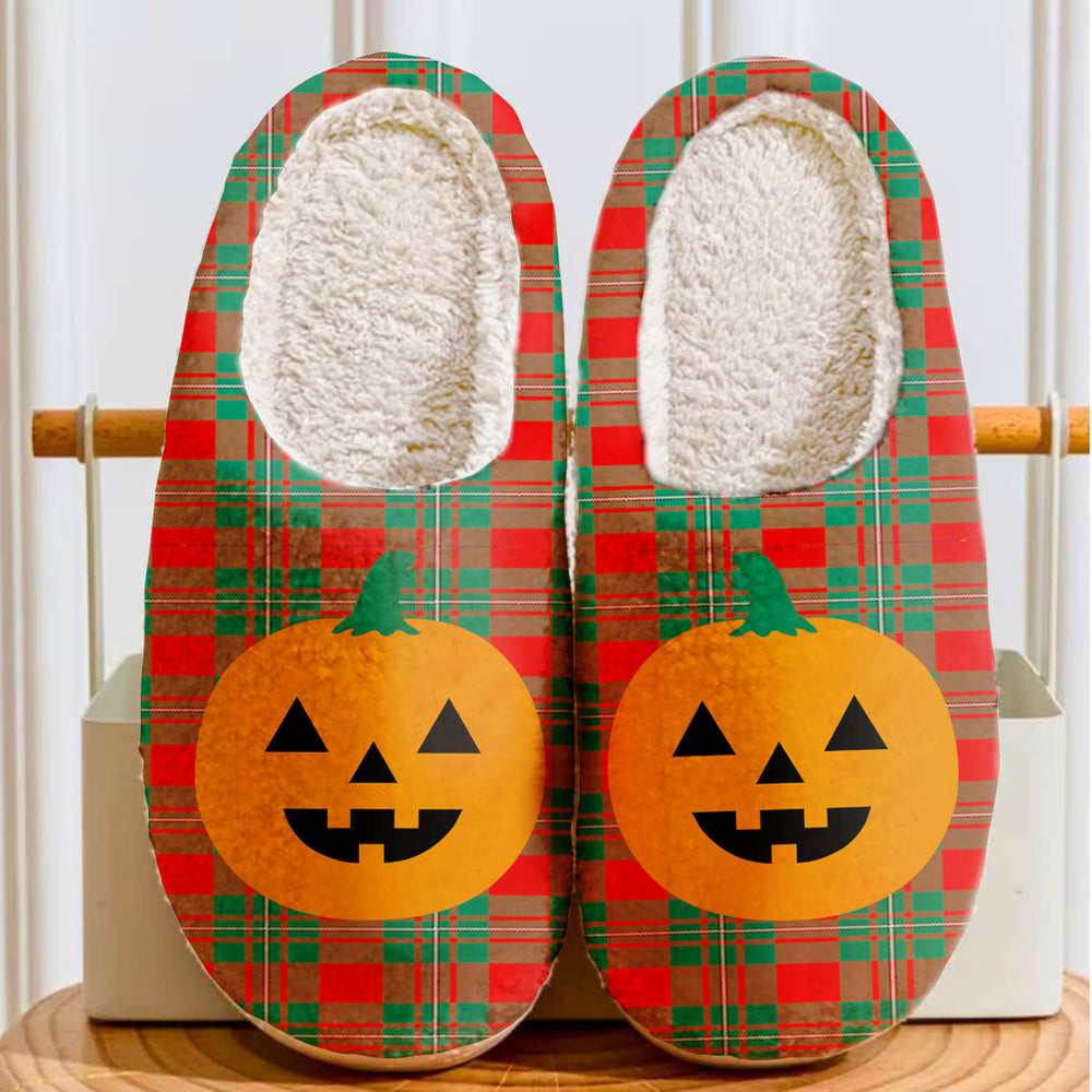 Clan MacCorquodale Tartan Halloween Pumpkin Slippers, Fluffy Spooky Slippers LL28 MacCorquodale Tartan Tartan Halloween