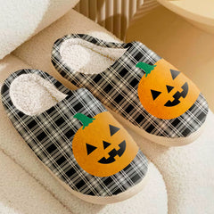 Clan Menzies Black & White Modern Tartan Halloween Pumpkin Slippers, Fluffy Spooky Slippers OH67 Menzies Black & White Modern Tartan Tartan Halloween