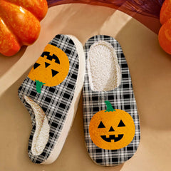 Clan Menzies Black & White Modern Tartan Halloween Pumpkin Slippers, Fluffy Spooky Slippers OH67 Menzies Black & White Modern Tartan Tartan Halloween