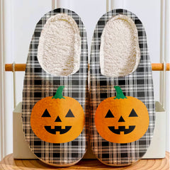 Clan Menzies Black & White Modern Tartan Halloween Pumpkin Slippers, Fluffy Spooky Slippers OH67 Menzies Black & White Modern Tartan Tartan Halloween