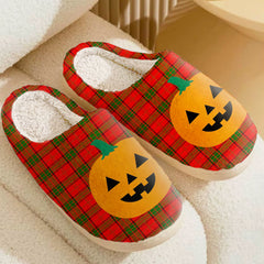 Clan Maxwell Modern Tartan Halloween Pumpkin Slippers, Fluffy Spooky Slippers EV97 Maxwell Modern Tartan Tartan Halloween
