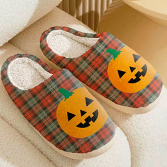 Clan MacLachlan Weathered Tartan Halloween Pumpkin Slippers, Fluffy Spooky Slippers OK59 MacLachlan Weathered Tartan Tartan Halloween
