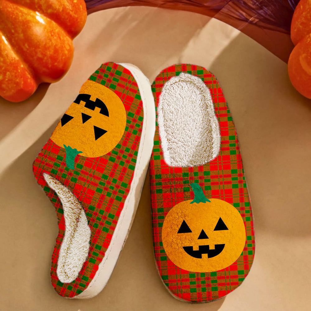 Clan Livingstone Modern Tartan Halloween Pumpkin Slippers, Fluffy Spooky Slippers CK14 Livingstone Modern Tartan Tartan Halloween