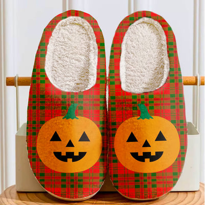 Clan Livingstone Modern Tartan Halloween Pumpkin Slippers, Fluffy Spooky Slippers