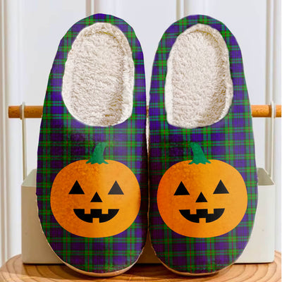 Clan MacKinlay Modern Tartan Halloween Pumpkin Slippers, Fluffy Spooky Slippers