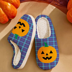 Clan Kirkcaldy Tartan Halloween Pumpkin Slippers, Fluffy Spooky Slippers BF12 Kirkcaldy Tartan Tartan Halloween