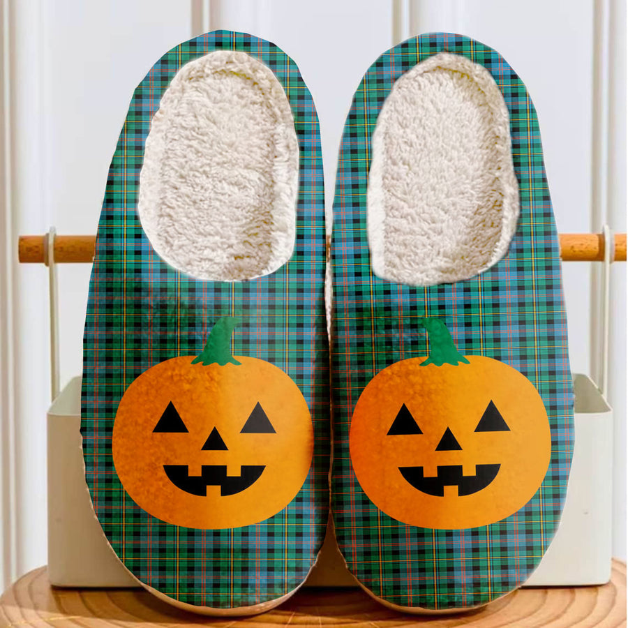 Clan Malcolm Ancient Tartan Halloween Pumpkin Slippers, Fluffy Spooky Slippers OW61 Malcolm Ancient Tartan Tartan Halloween