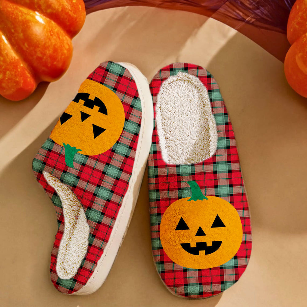 Clan Kerr Ancient Tartan Halloween Pumpkin Slippers, Fluffy Spooky Slippers GV40 Kerr Ancient Tartan Tartan Halloween