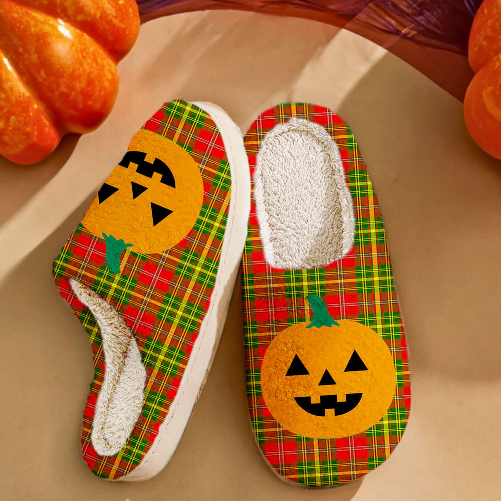 Clan Leask Tartan Halloween Pumpkin Slippers, Fluffy Spooky Slippers EM13 Leask Tartan Tartan Halloween