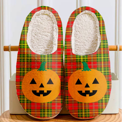 Clan Leask Tartan Halloween Pumpkin Slippers, Fluffy Spooky Slippers