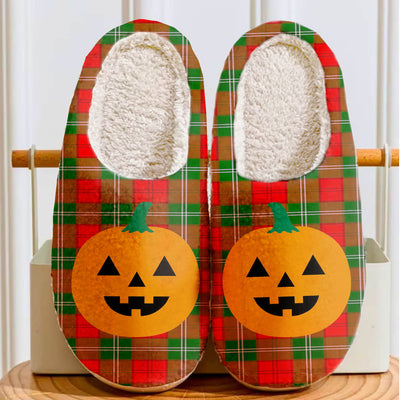 Clan Lennox Modern Tartan Halloween Pumpkin Slippers, Fluffy Spooky Slippers