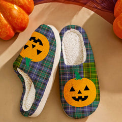 Clan MacRae Hunting Modern Tartan Halloween Pumpkin Slippers, Fluffy Spooky Slippers OK98 MacRae Hunting Modern Tartan Tartan Halloween