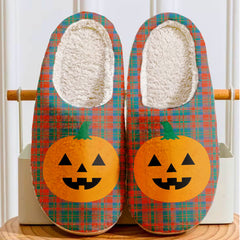 Clan Matheson Ancient Tartan Halloween Pumpkin Slippers, Fluffy Spooky Slippers UB61 Matheson Ancient Tartan Tartan Halloween