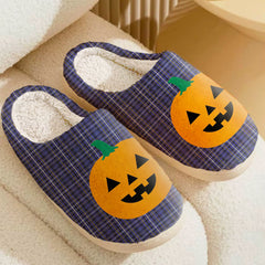Clan Fleming Tartan Halloween Pumpkin Slippers, Fluffy Spooky Slippers VZ27 Fleming Tartan Tartan Halloween