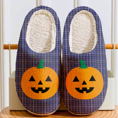 Clan Fleming Tartan Halloween Pumpkin Slippers, Fluffy Spooky Slippers