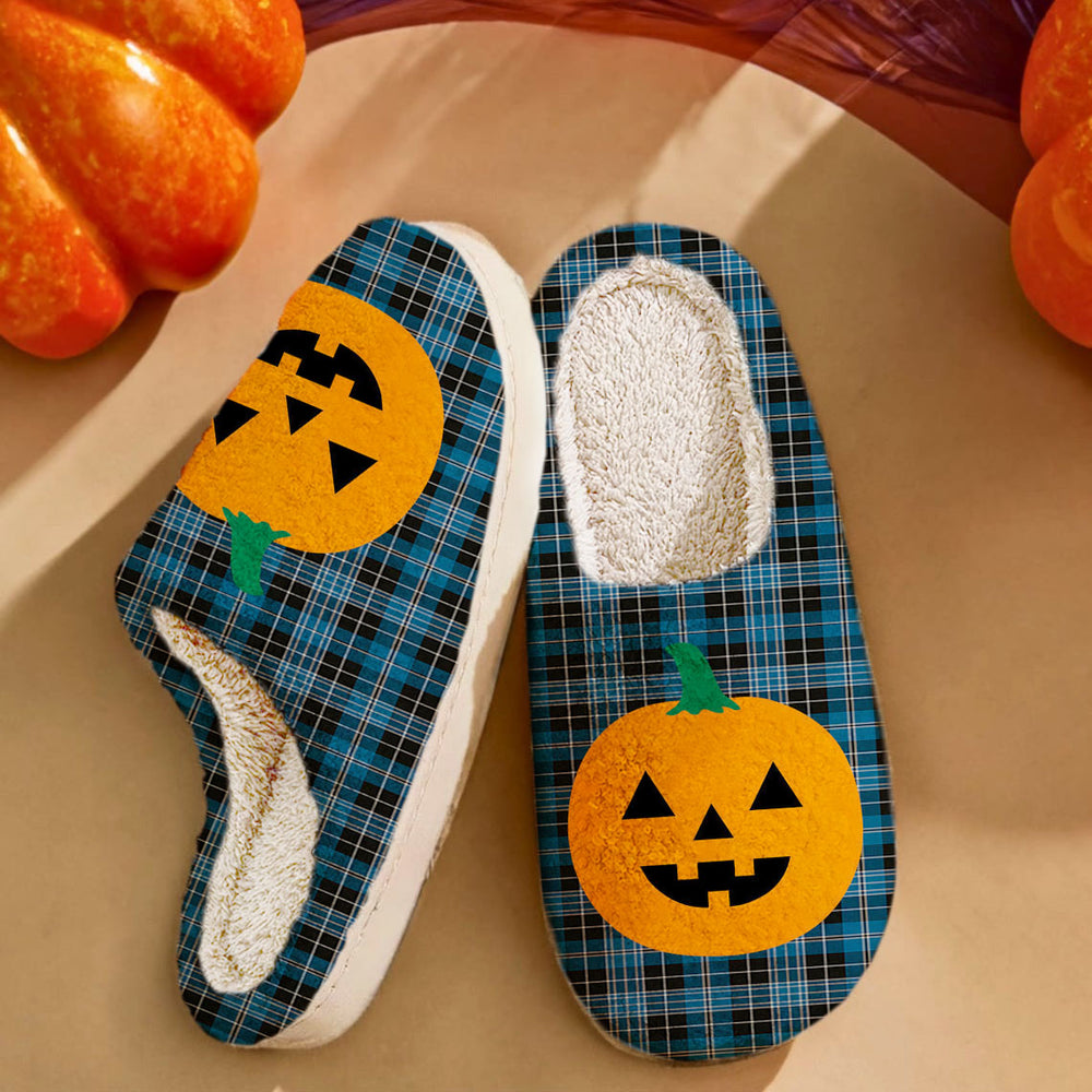 Clan Clergy Blue Tartan Halloween Pumpkin Slippers, Fluffy Spooky Slippers HD97 Clergy Blue Tartan Tartan Halloween