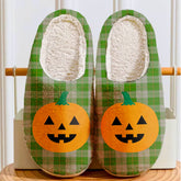 Clan Cunningham Dress Green Dancers Tartan Halloween Pumpkin Slippers, Fluffy Spooky Slippers GF21 Cunningham Dress Green Dancers Tartan Tartan Halloween