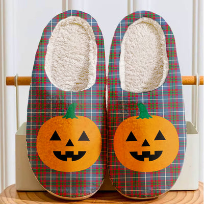 Clan Dalmahoy Tartan Halloween Pumpkin Slippers, Fluffy Spooky Slippers