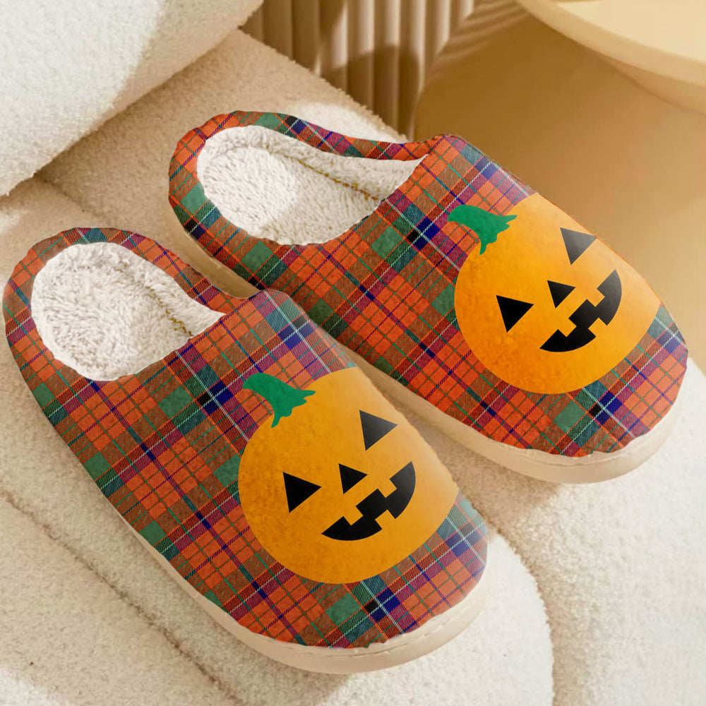 Clan Nicolson Ancient Tartan Halloween Pumpkin Slippers, Fluffy Spooky Slippers JA13 Nicolson Ancient Tartan Tartan Halloween