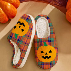 Clan Nicolson Ancient Tartan Halloween Pumpkin Slippers, Fluffy Spooky Slippers JA13 Nicolson Ancient Tartan Tartan Halloween