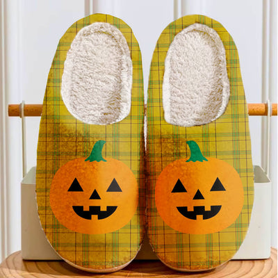 Clan Houston Tartan Halloween Pumpkin Slippers, Fluffy Spooky Slippers