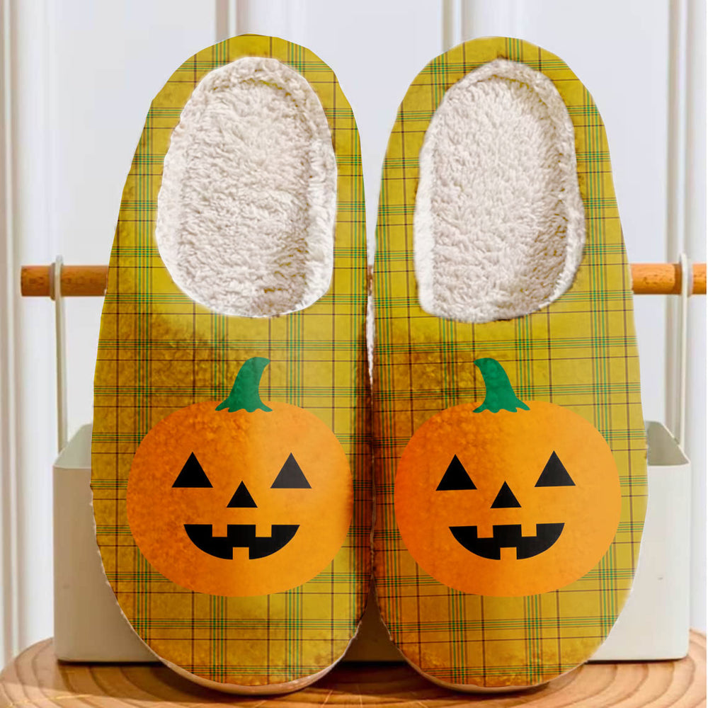 Clan Houston Tartan Halloween Pumpkin Slippers, Fluffy Spooky Slippers ZG76 Houston Tartan Tartan Halloween