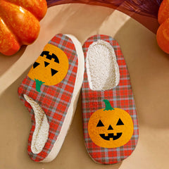 Clan Robertson Weathered Tartan Halloween Pumpkin Slippers, Fluffy Spooky Slippers SW19 Robertson Weathered Tartan Tartan Halloween