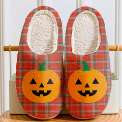 Clan Robertson Weathered Tartan Halloween Pumpkin Slippers, Fluffy Spooky Slippers SW19 Robertson Weathered Tartan Tartan Halloween