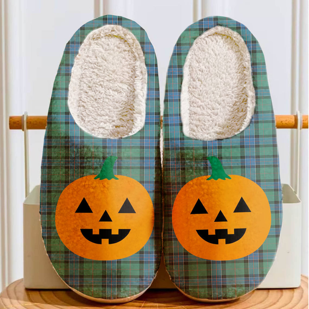 Clan Sinclair Hunting Ancient Tartan Halloween Pumpkin Slippers, Fluffy Spooky Slippers JN99 Sinclair Hunting Ancient Tartan Tartan Halloween