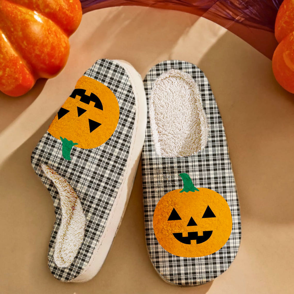 Clan Scott Black & White Ancient Tartan Halloween Pumpkin Slippers, Fluffy Spooky Slippers QS10 Clan Scott (Scott Tartan) Tartan Halloween