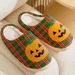 Clan Pollock Modern Tartan Halloween Pumpkin Slippers, Fluffy Spooky Slippers FB23 Pollock Modern Tartan Tartan Halloween