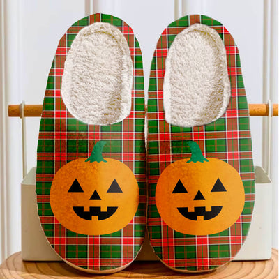 Clan Pollock Modern Tartan Halloween Pumpkin Slippers, Fluffy Spooky Slippers