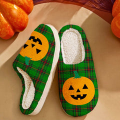 Clan Primrose (Fife) Tartan Halloween Pumpkin Slippers, Fluffy Spooky Slippers BC34 Primrose (Fife) Tartan Tartan Halloween