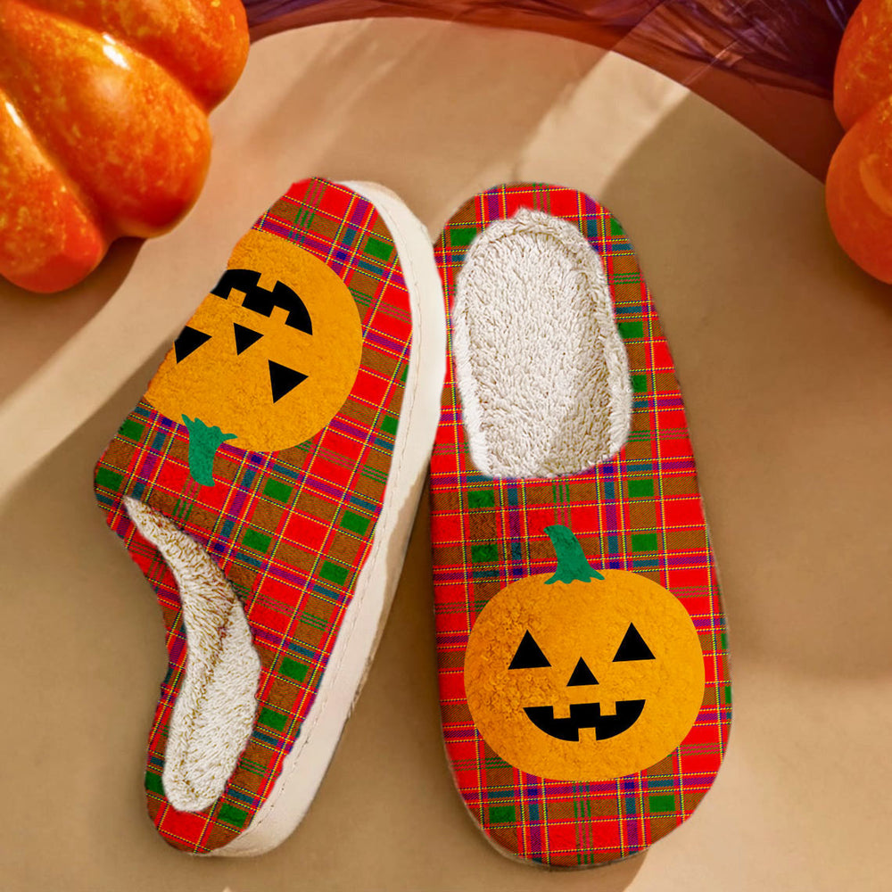 Clan Munro Modern Tartan Halloween Pumpkin Slippers, Fluffy Spooky Slippers XU43 Munro Modern Tartan Tartan Halloween