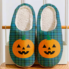 Clan Robertson Hunting Ancient Tartan Halloween Pumpkin Slippers, Fluffy Spooky Slippers IS49 Robertson Hunting Ancient Tartan Tartan Halloween