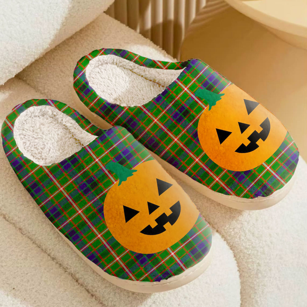Clan Reid Green Tartan Halloween Pumpkin Slippers, Fluffy Spooky Slippers XC30 Reid Green Tartan Tartan Halloween