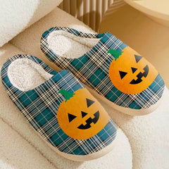 Clan Napier Modern Tartan Halloween Pumpkin Slippers, Fluffy Spooky Slippers LG64 Napier Modern Tartan Tartan Halloween