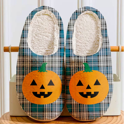 Clan Napier Modern Tartan Halloween Pumpkin Slippers, Fluffy Spooky Slippers